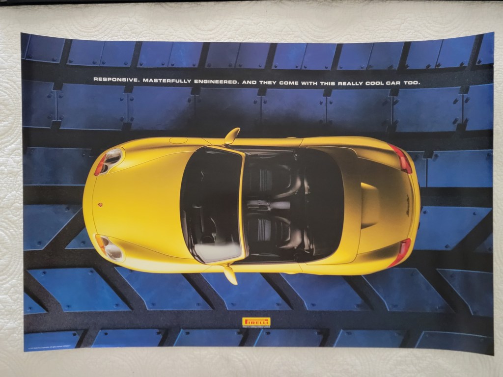 Pirelli Poster Porsche Boxster Yellow Car Blue Tire Overhead
Responsive. Masterfully Engineered. And They Come with this Really Cool Car Too.
36x24
36" x 24"
Pirelli Logo