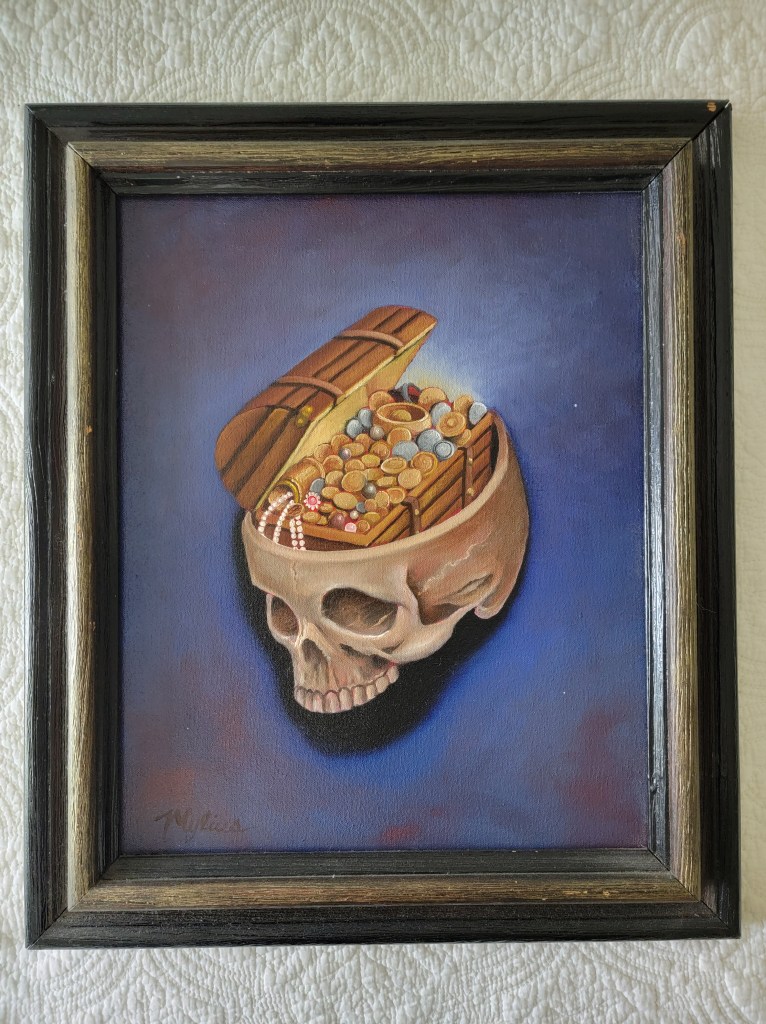 Brian Mylius oil painting skull treasure chest
 the magic box 16x20