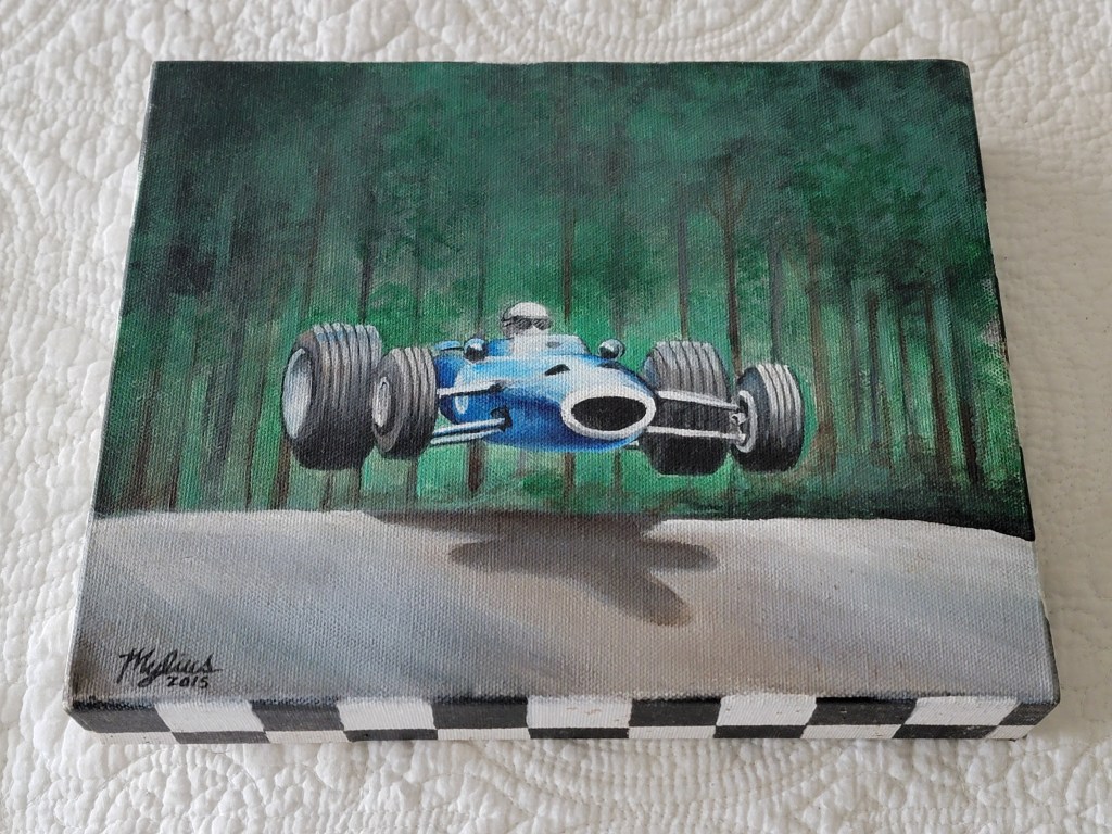 Brian Mylius oil painting Jackie Stewart race car jump 2015