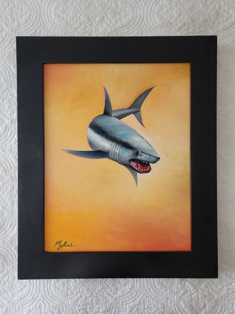 Brian Mylius oil painting great white shark yellow background study for mural on rose and speedway
pre sketch for Dudley
2013