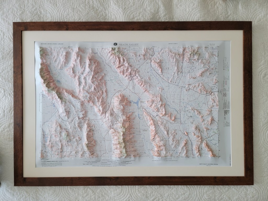 Death Valley 3D raised relief Map
produced by Hubbard Scientific Inc., Chippewa Falls, WI 54729
Prepared by the US Army Topographic Command (CGPM), Washington, D.C. 
Compiled in 1956 by photogrammatic methods and from United States quadrangles 1:50,000 and 1:62,500, 1951-54. Panmetry revised in part from aerial photographs taken 1952. Photographs field annotated 1954. Revised by the U.S. Geological Survey 1970
California