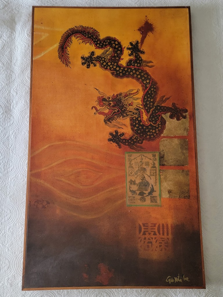 Pablo Gentile Art
Buddha Clouds
Mixed Media, oil, paper, gold foil
Diptych
Right panel
Large Dragon
Orange
