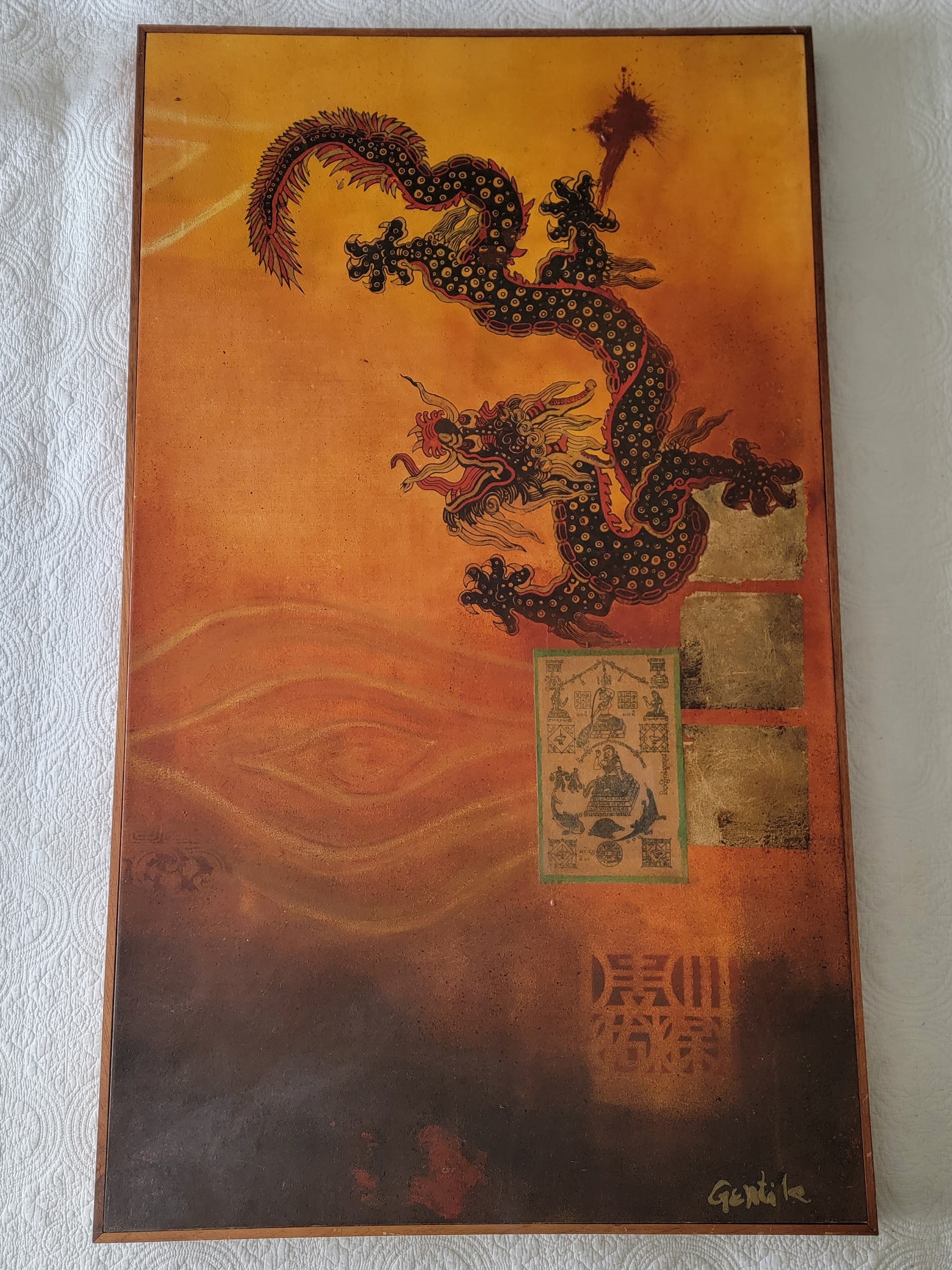 Pablo Gentile Art
Buddha Clouds
Mixed Media, oil, paper, gold foil
Diptych
Right panel
Large Dragon
Orange