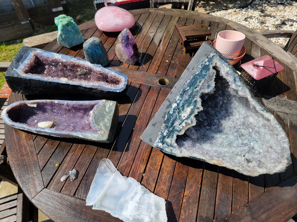 Crystals being cleaned in sunlight