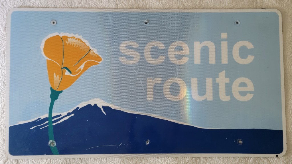 A sign reading 'scenic route' with an illustration of a yellow flower and mountains in the background.
A weathered blue sign with the words 'scenic route' and a white flower illustration alongside a mountain silhouette.
California PCH pacific coast highway poppy sign large street sign