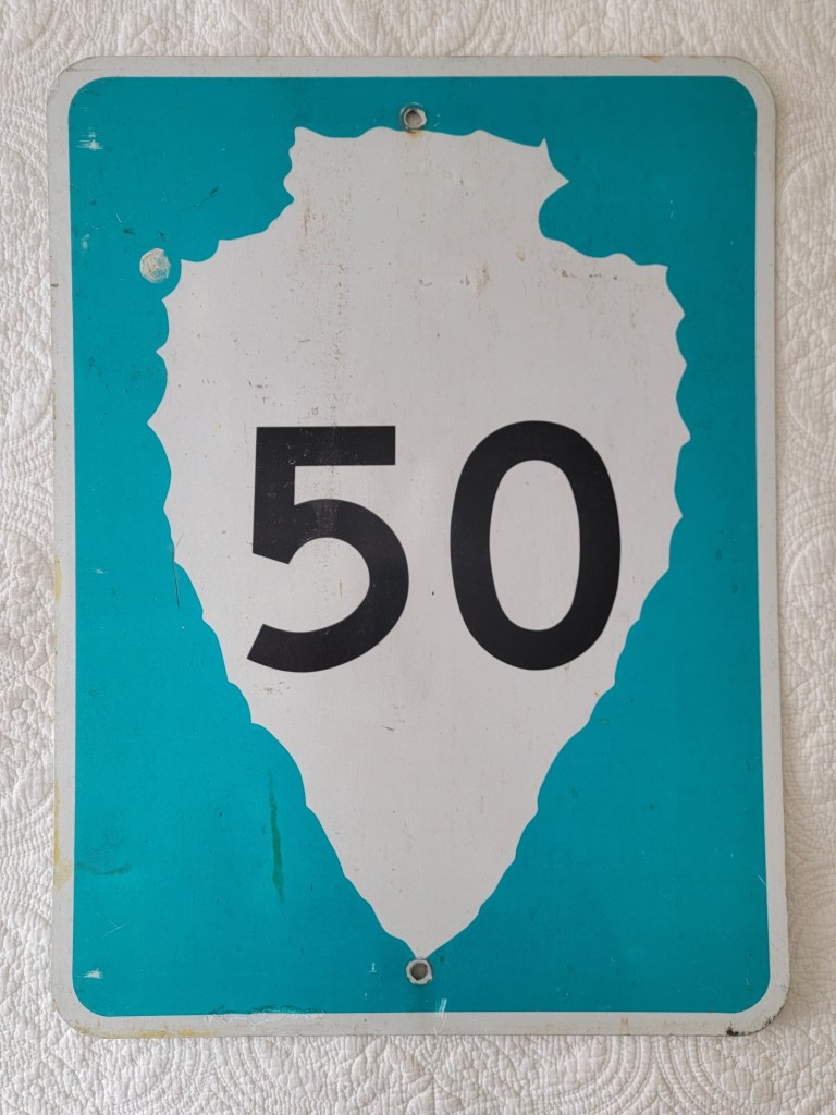 A weathered turquoise road sign with the number 50 prominently displayed in black.
Bureau of Indian Affairs Arrowhead street route sign 50